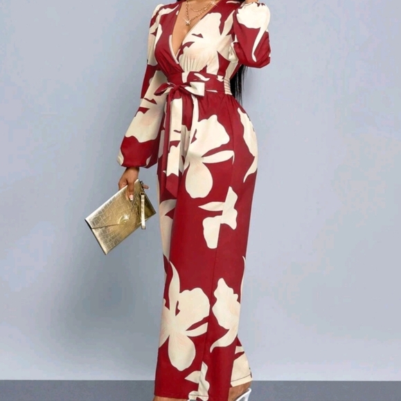 Allover Floral Print Lantern Sleeve Wide Leg Jumpsuit - Picture 1 of 6